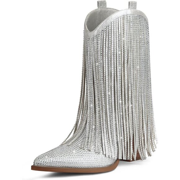 Women's Silver Rhinestone Sparkly Fringe Chunky Heel Pointed Toe Ankle Boots - Picture 1 of 7